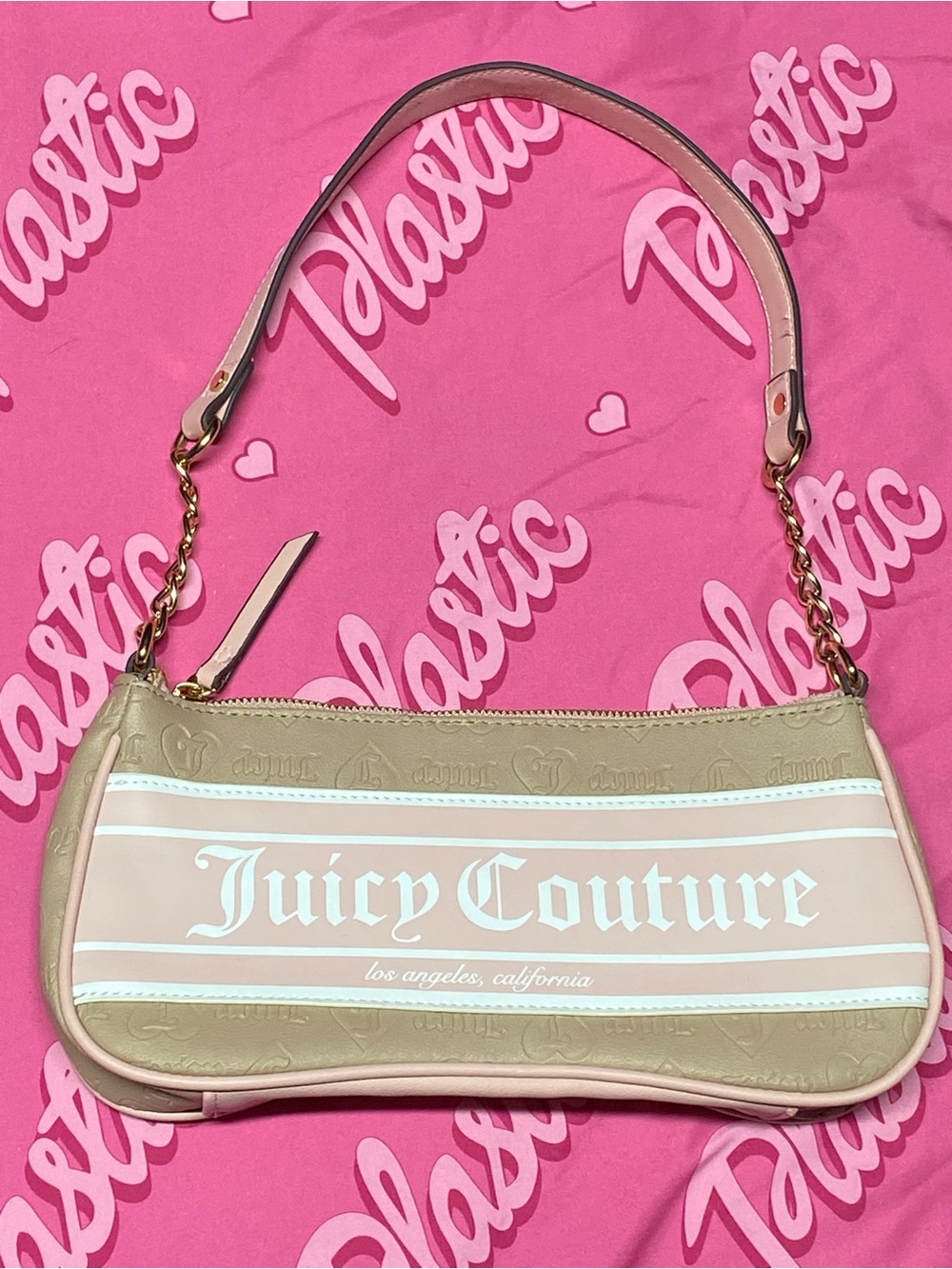 Juicy Couture Fashionista Baguette Shoulder Handbag Purse Pink Tan Y2K Bag